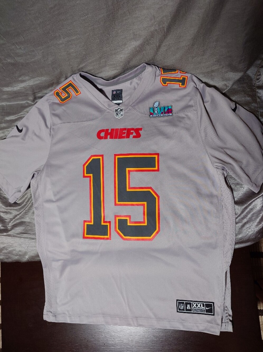Men's Nike Kansas City Chiefs Superbowl LVII Gray #15 Mahomes Football Jersey